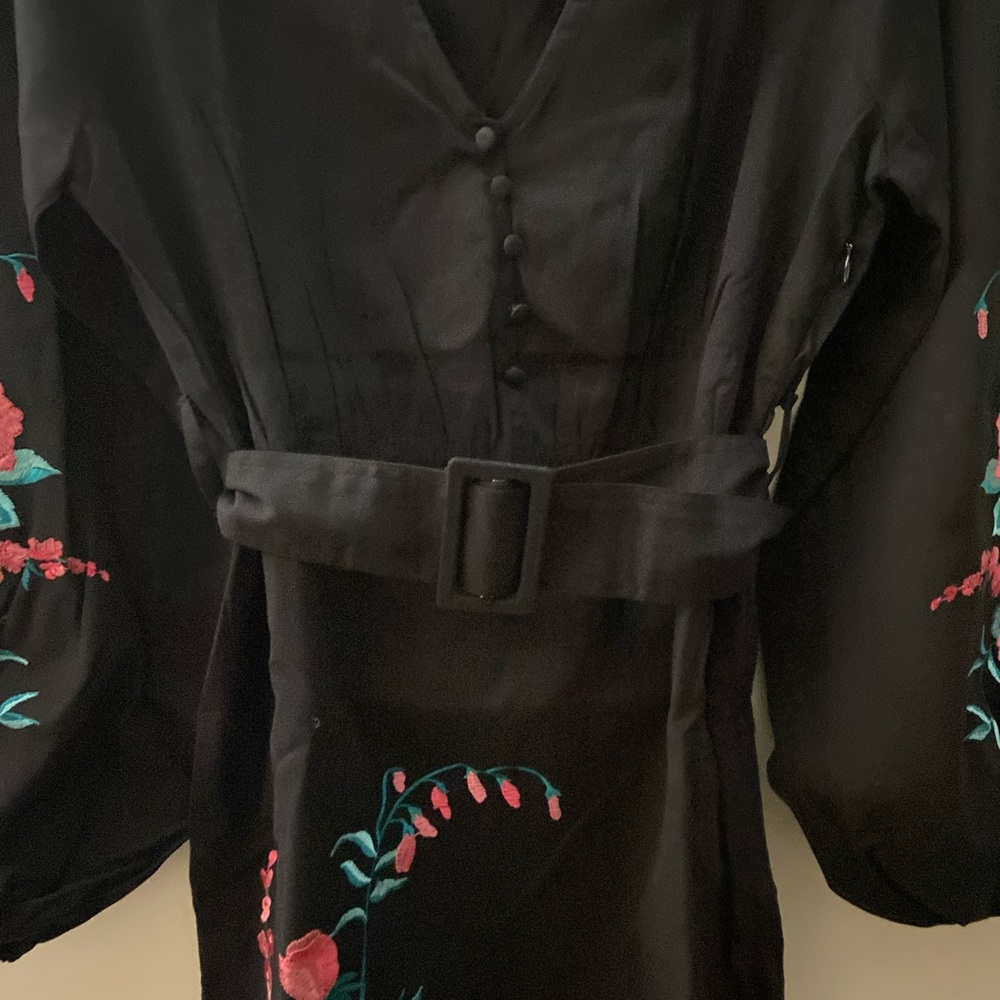 “SOLD” SOLD”long sleeve, ASOS V-neck mini dress, buckle belt, floral appliqué. - Picture 9 of 12